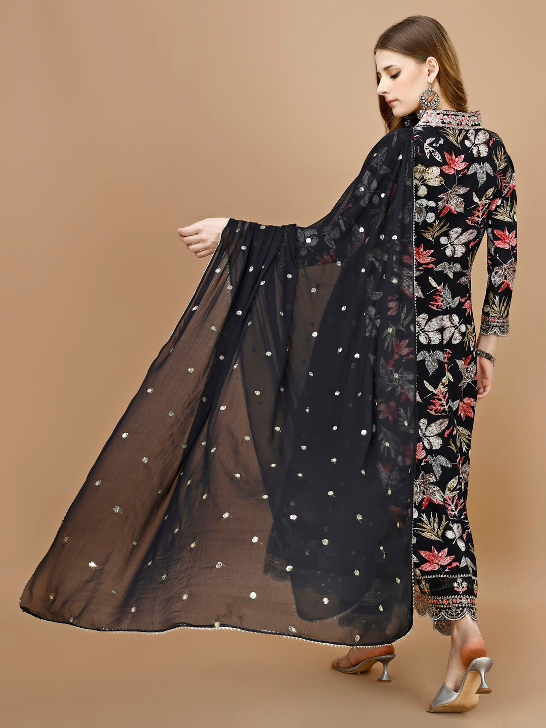 Floral Printed & Embroidered Anarkali Kurta Set with Pant & Dupatta