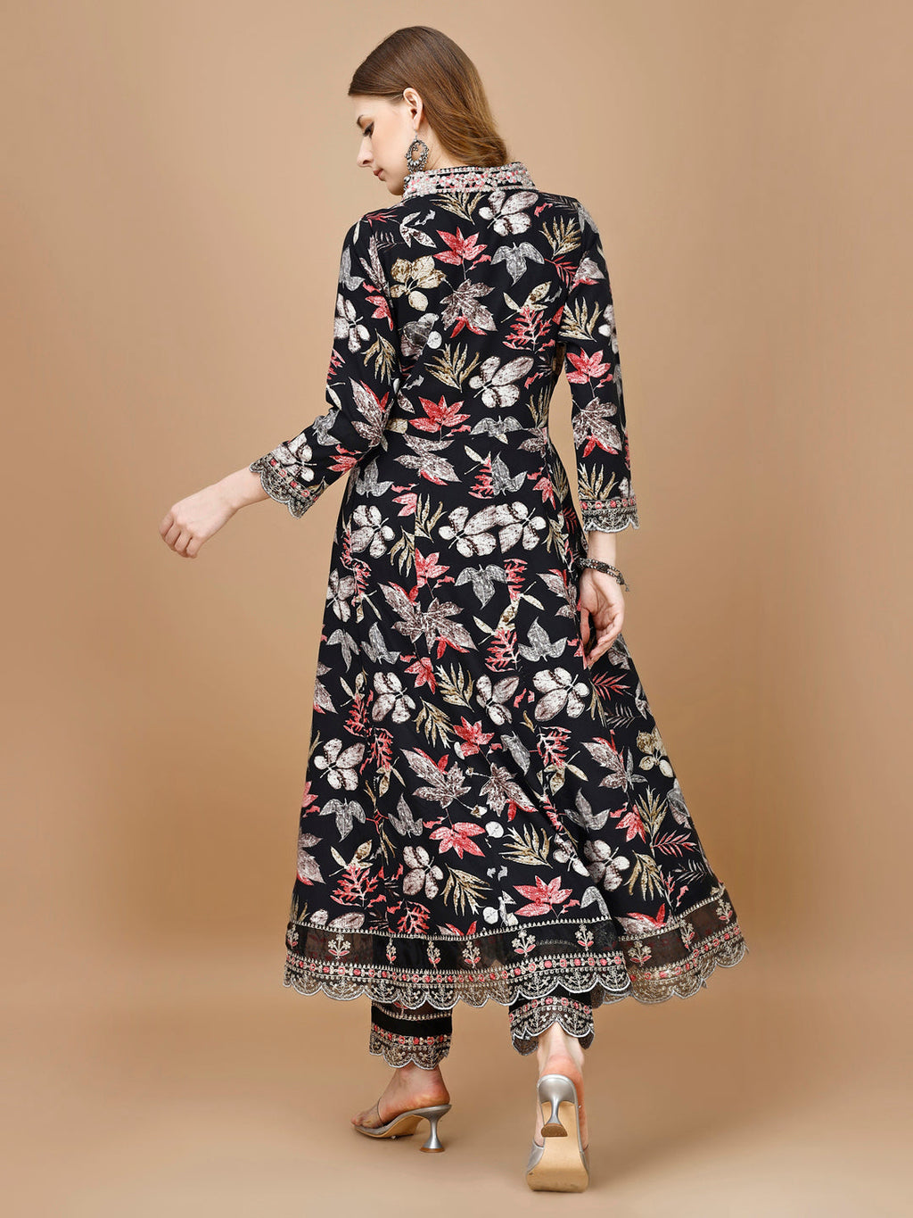 Floral Printed & Embroidered Anarkali Kurta Set with Pant & Dupatta