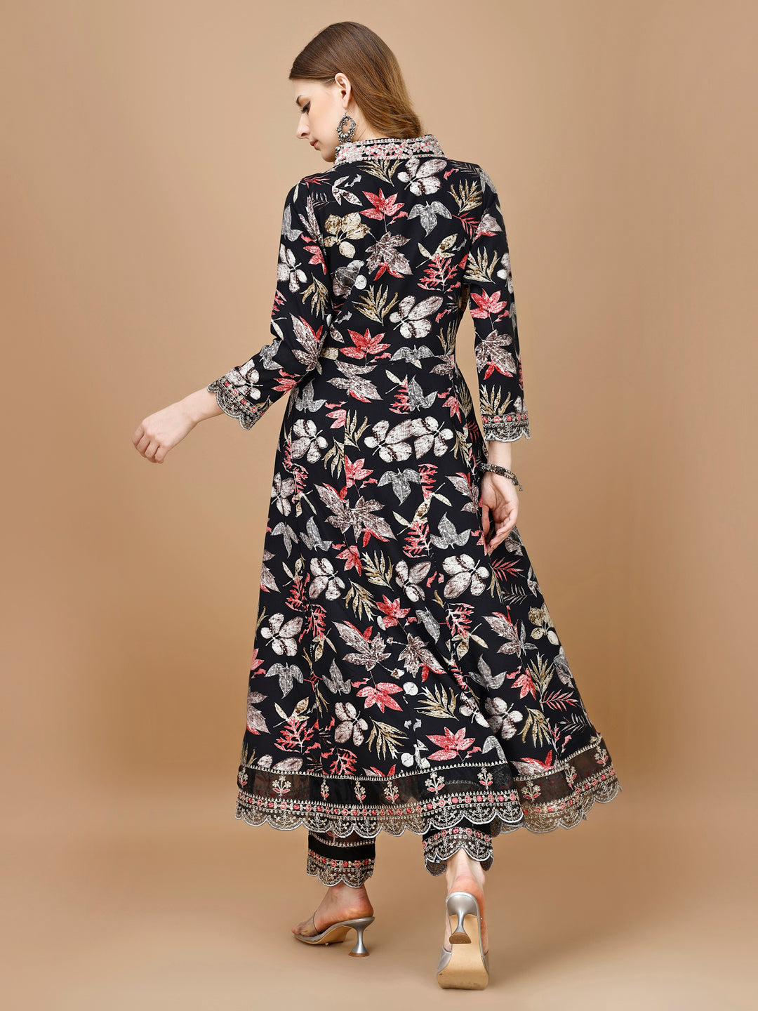 Floral Printed & Embroidered Anarkali Kurta Set with Pant & Dupatta