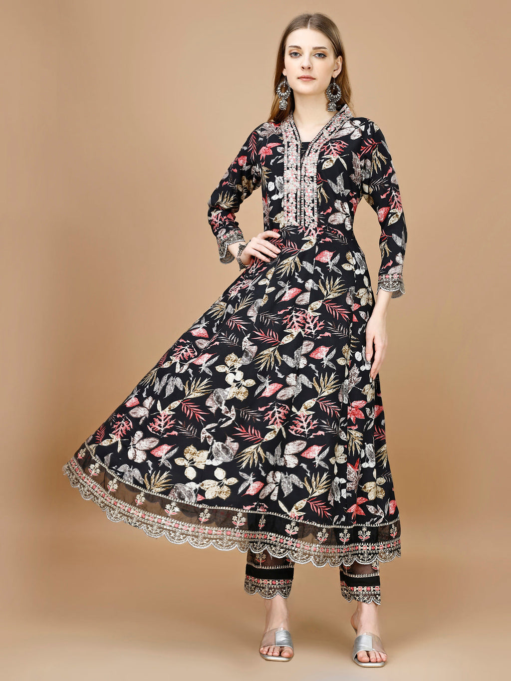Floral Printed & Embroidered Anarkali Kurta Set with Pant & Dupatta