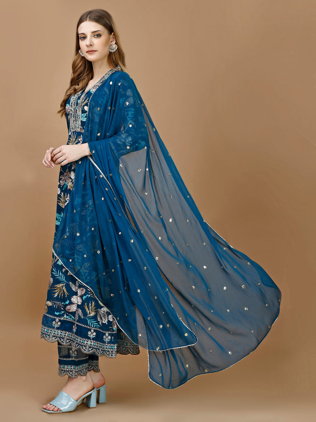 Floral Embroidered Anarkali Kurta Set with Pant and Dupatta