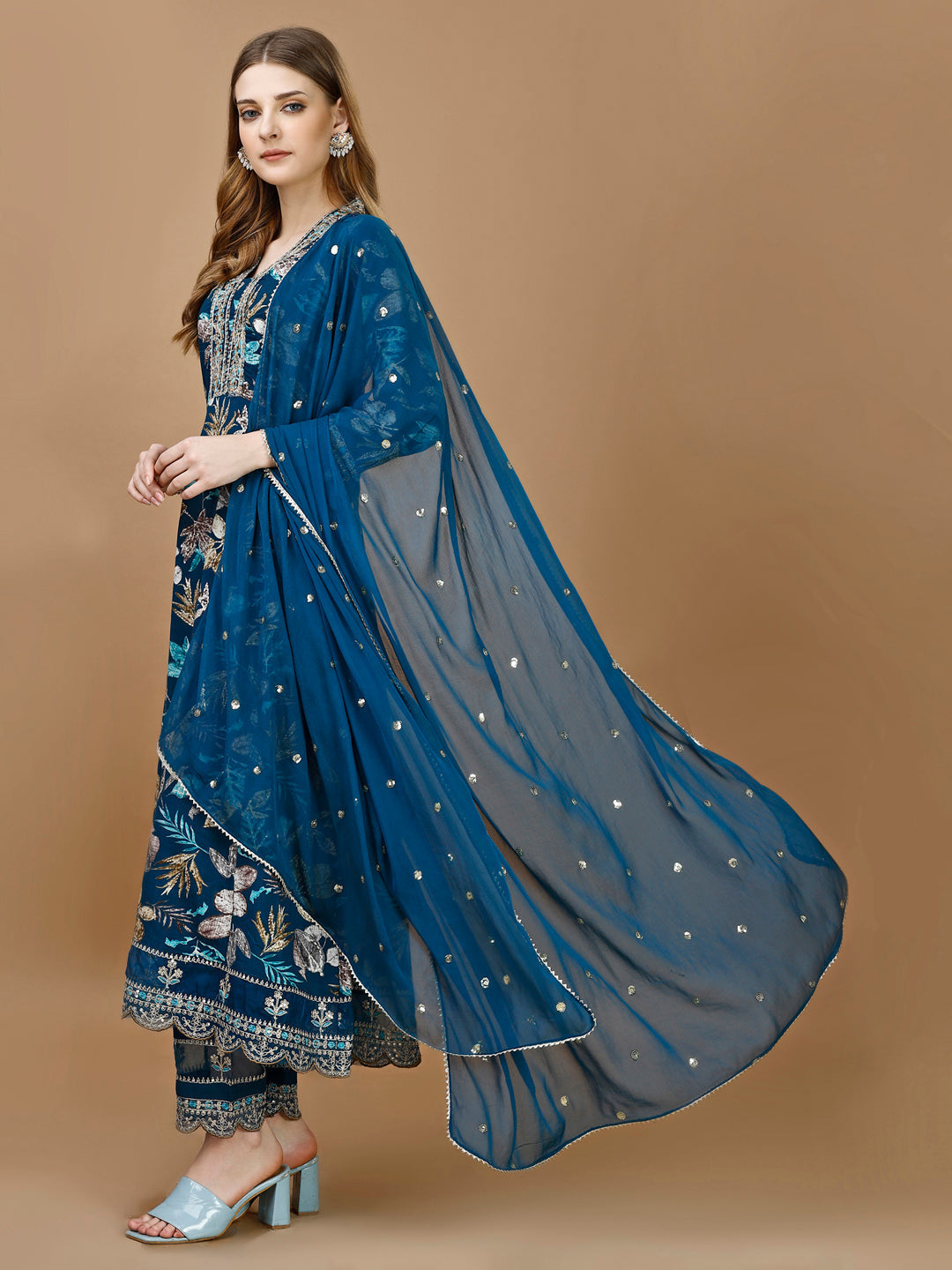 Floral Embroidered Anarkali Kurta Set with Pant and Dupatta