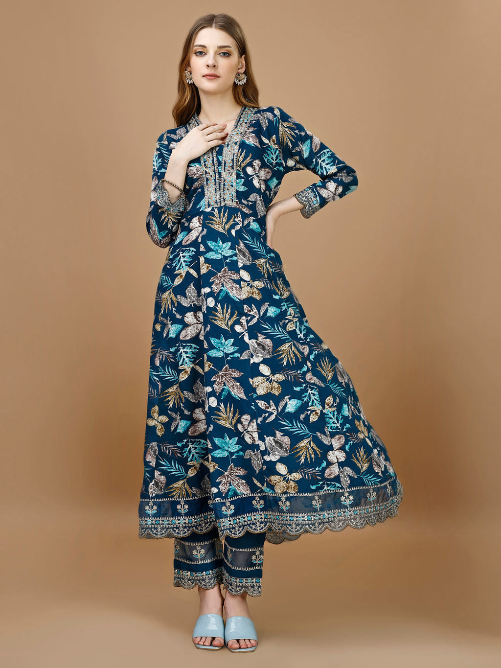Floral Embroidered Anarkali Kurta Set with Pant and Dupatta