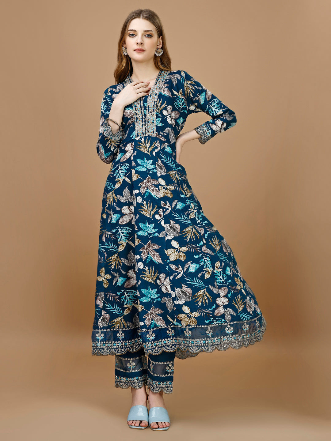 Floral Embroidered Anarkali Kurta Set with Pant and Dupatta
