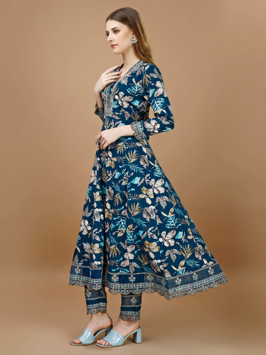 Floral Embroidered Anarkali Kurta Set with Pant and Dupatta