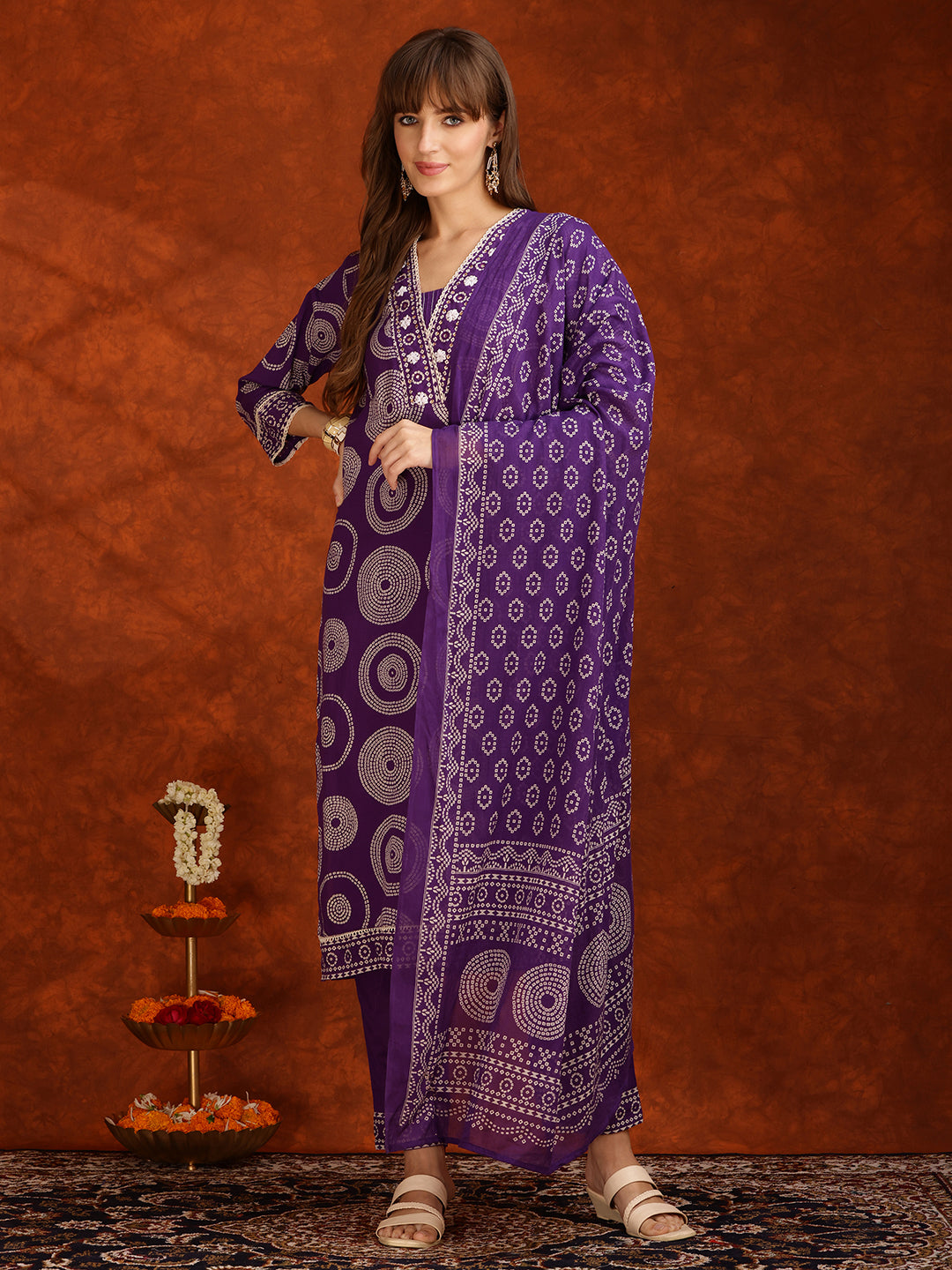Purple Embroidered Cotton Kurta Set with Pant and Dupatta
