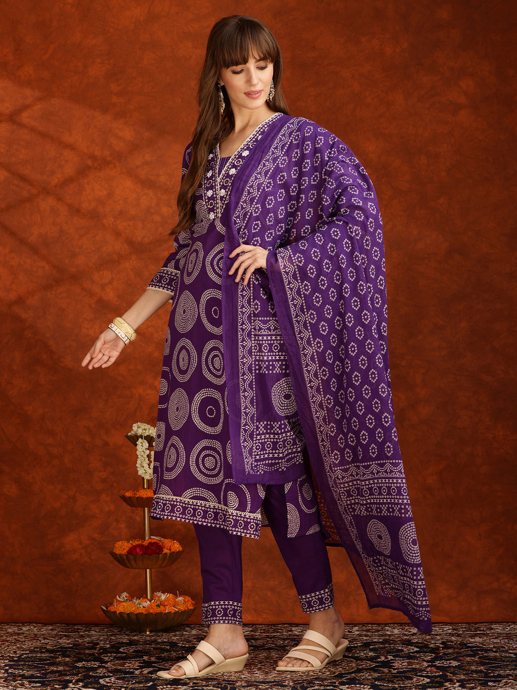 Purple Embroidered Cotton Kurta Set with Pant and Dupatta