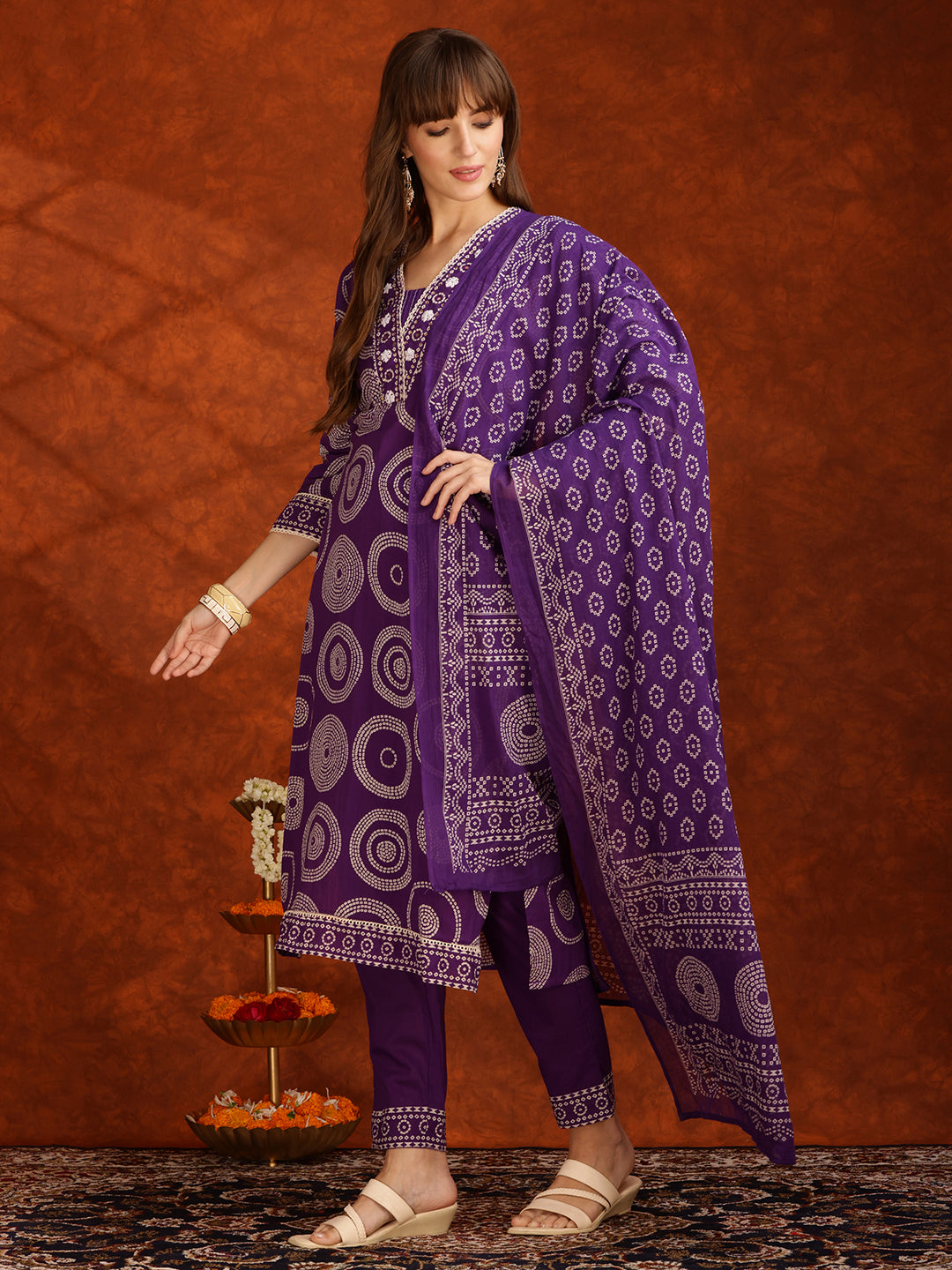 Purple Embroidered Cotton Kurta Set with Pant and Dupatta