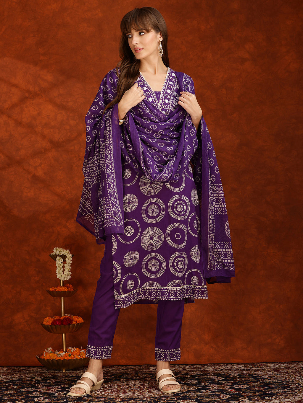 Purple cotton kurta set with embroidery, matching pants, and dupatta
