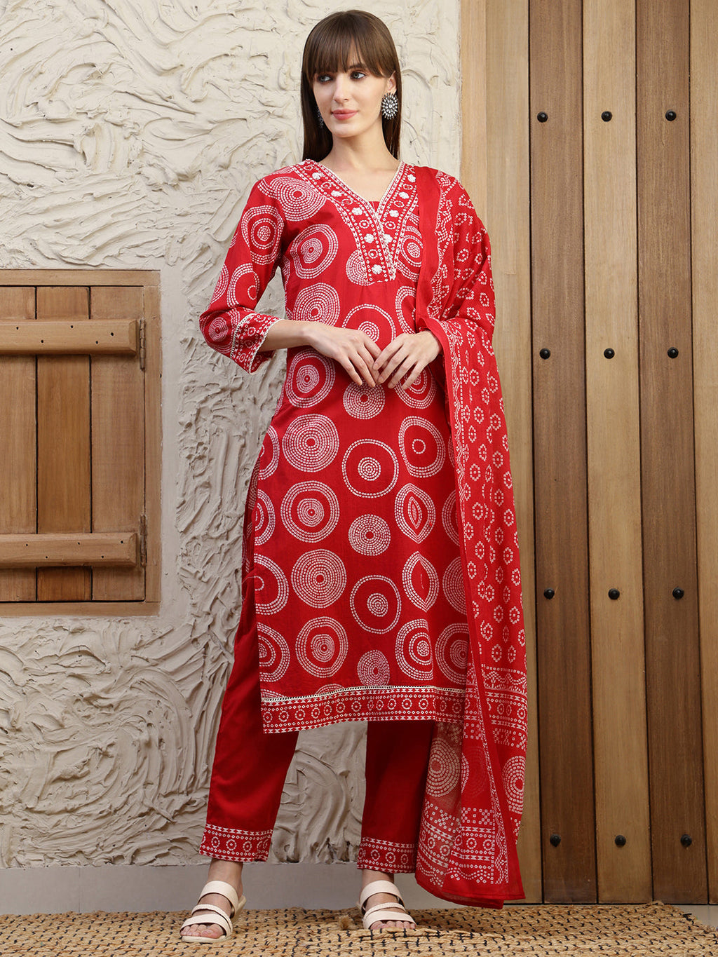 Red Embroidered Cotton Kurta Set with Printed Details and Dupatta
