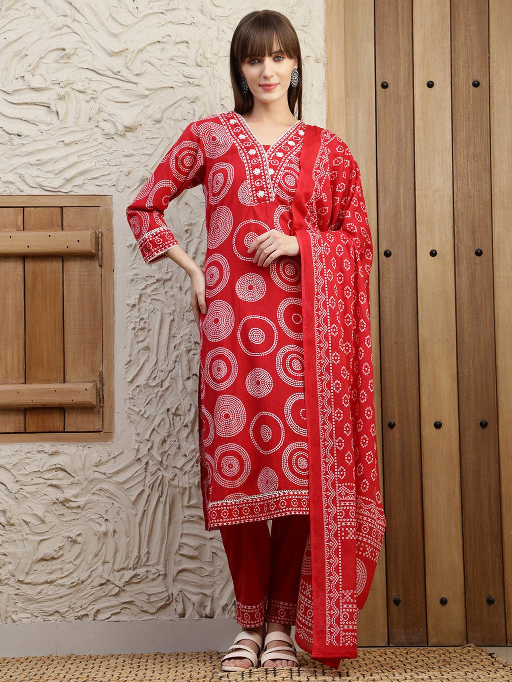 Red Embroidered Cotton Kurta Set with Printed Details and Dupatta