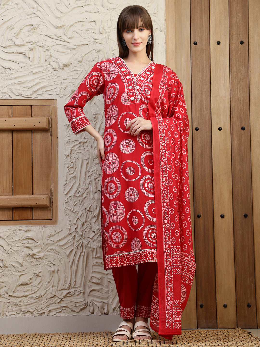 Red Embroidered Cotton Kurta Set with Printed Details and Dupatta