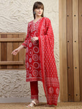 Vibrant red embroidered cotton kurta with printed details, matching pants, and dupatta