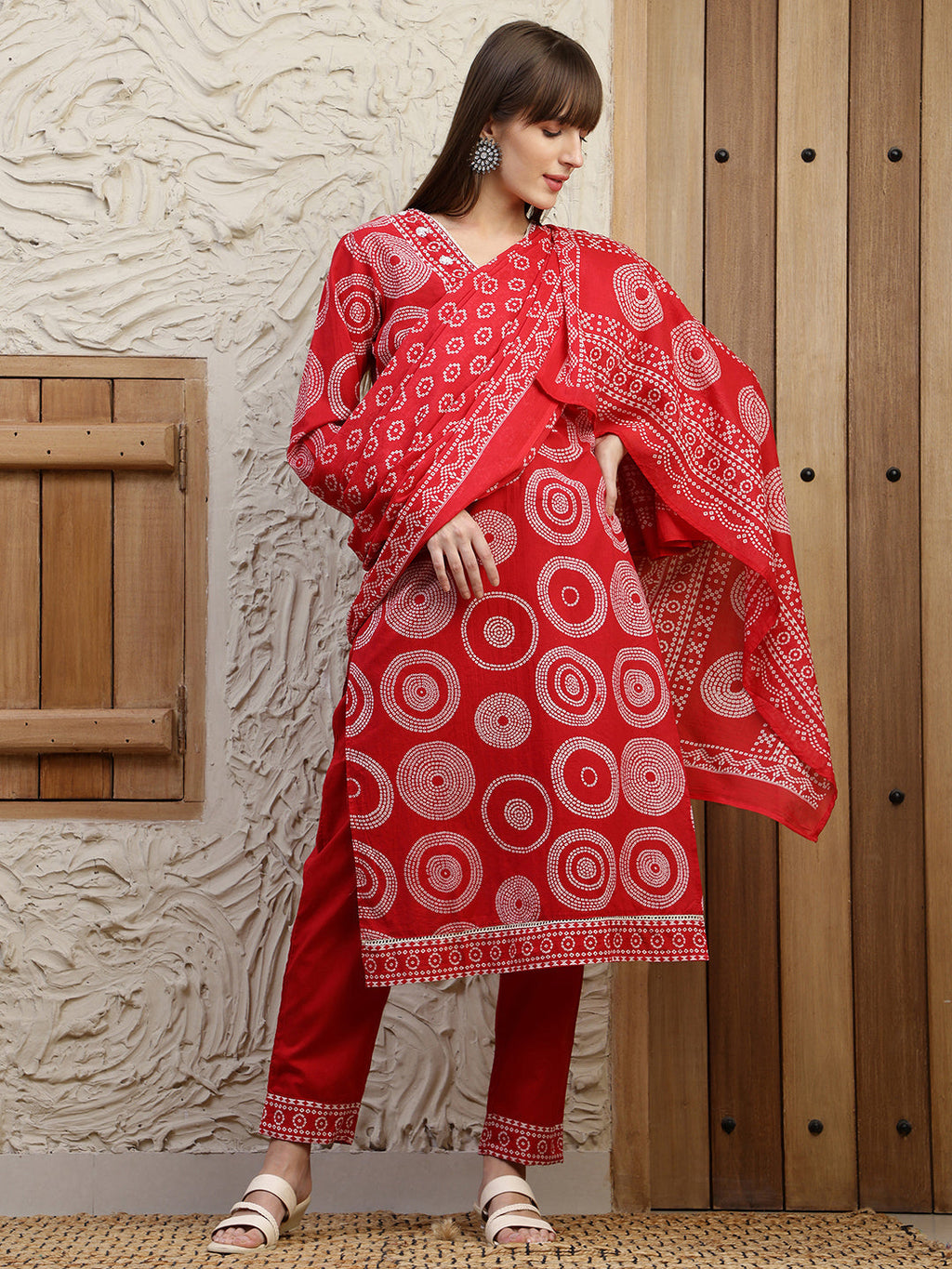 Red Embroidered Cotton Kurta Set with Printed Details and Dupatta