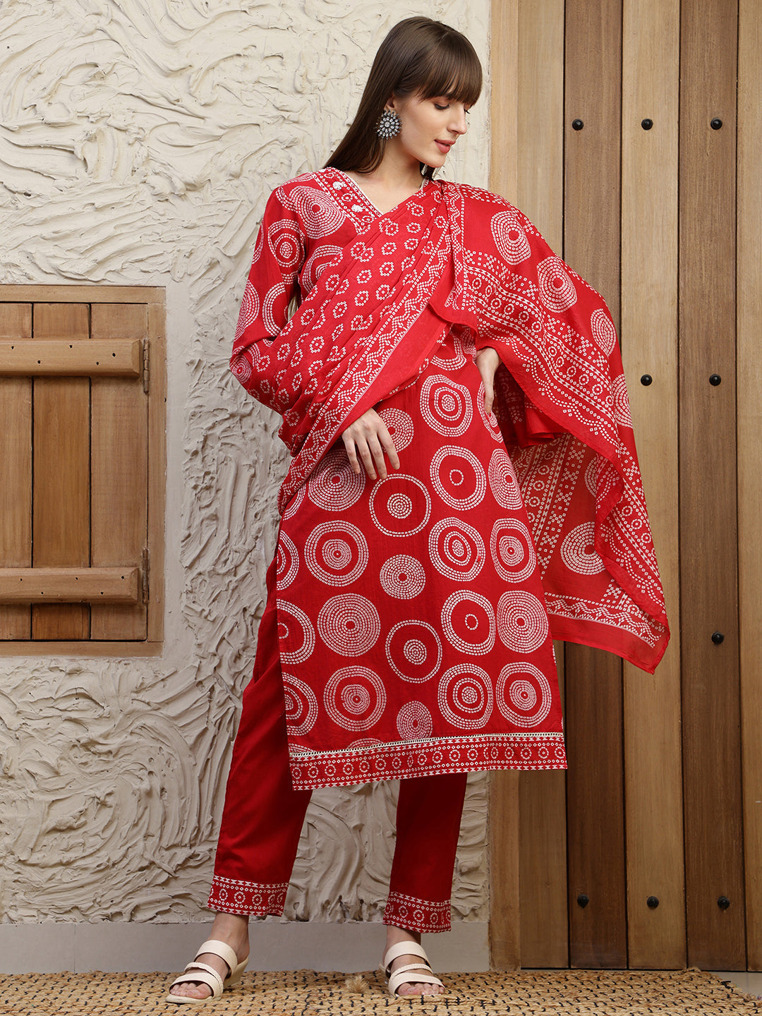 Red Embroidered Cotton Kurta Set with Printed Details and Dupatta