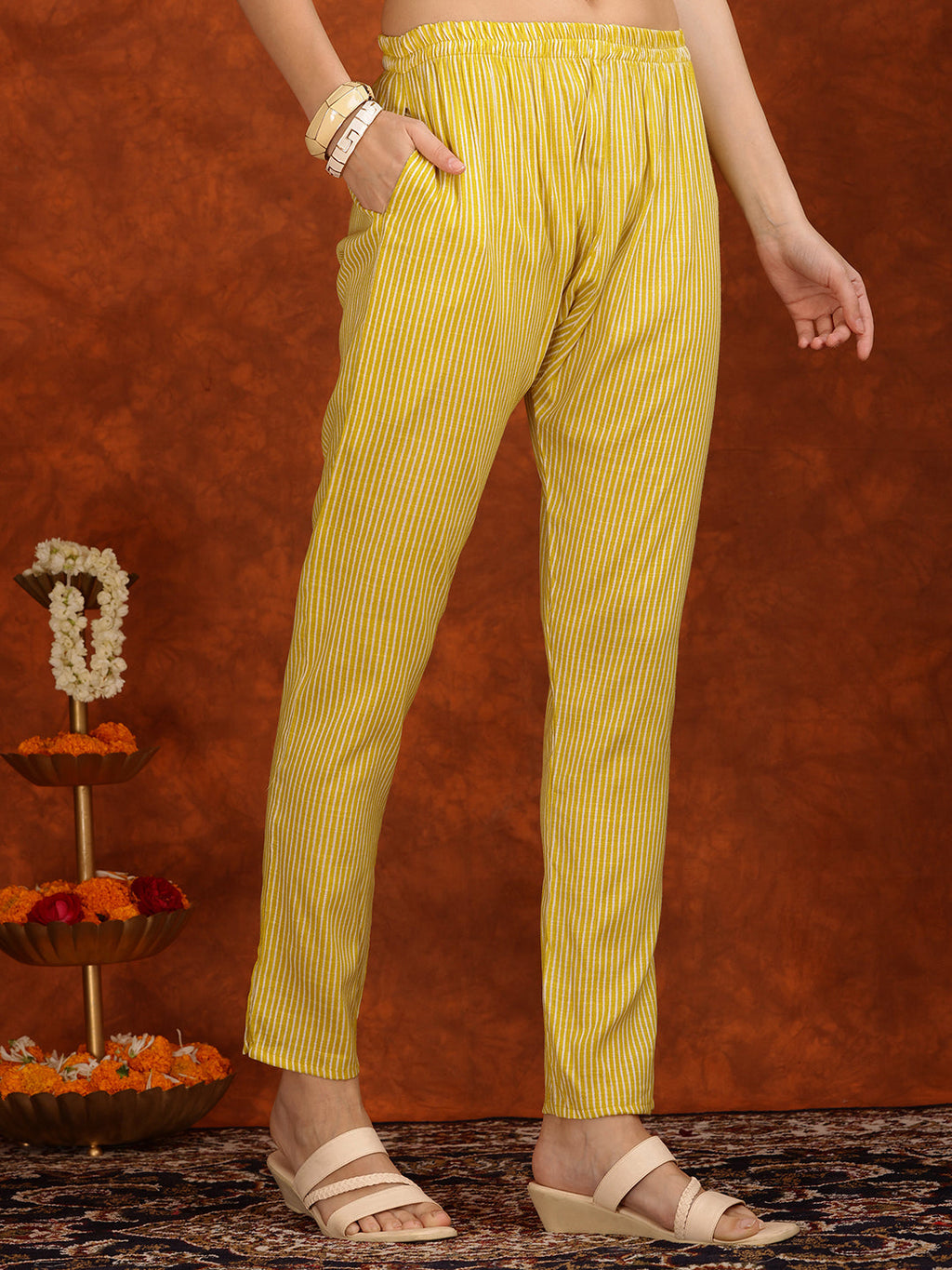 Embroidered Cotton Kurta Set with Pant and Dupatta - Yellow