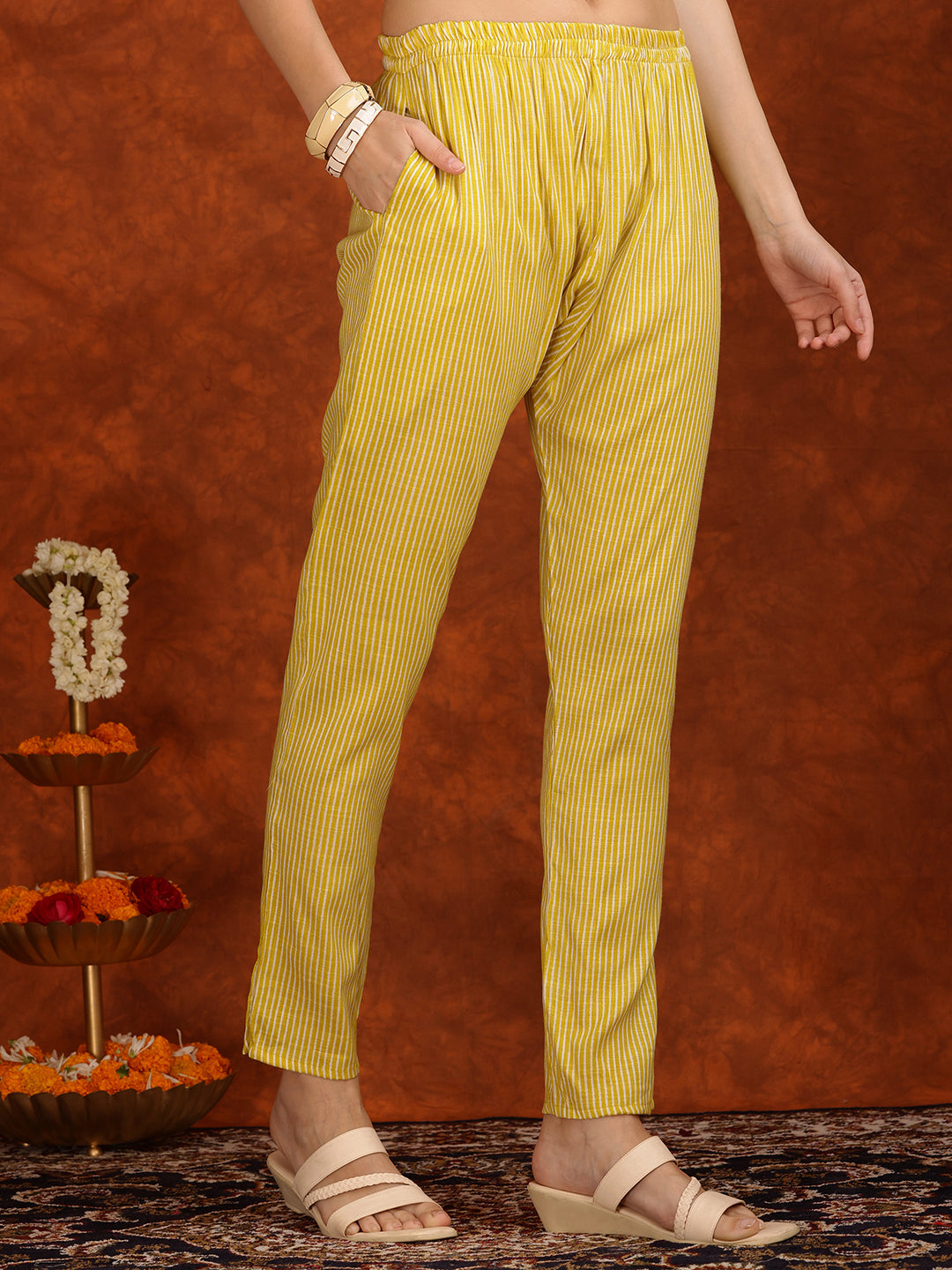 Embroidered Cotton Kurta Set with Pant and Dupatta - Yellow