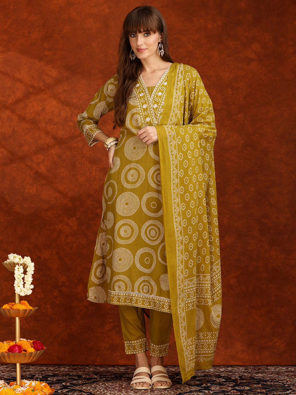 Embroidered Cotton Kurta Set with Pant and Dupatta - Yellow