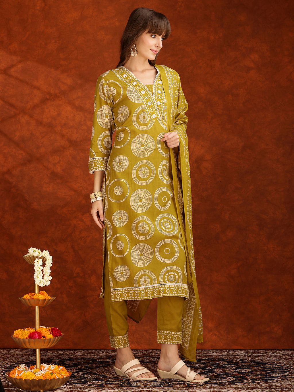 Yellow embroidered and printed cotton kurta set with pants and matching dupatta