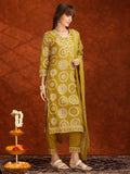 Yellow embroidered and printed cotton kurta set with pants and matching dupatta