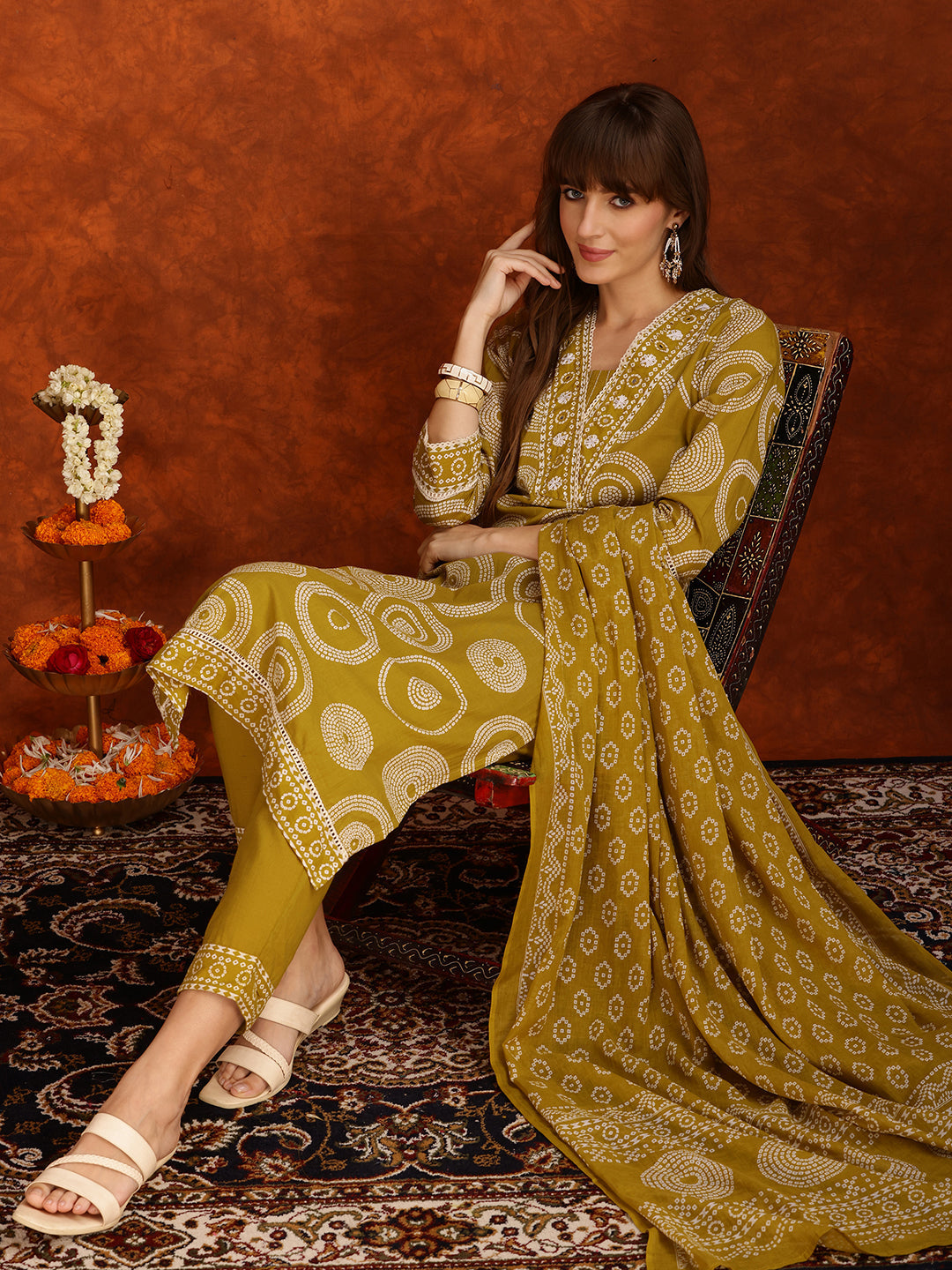 Embroidered Cotton Kurta Set with Pant and Dupatta - Yellow