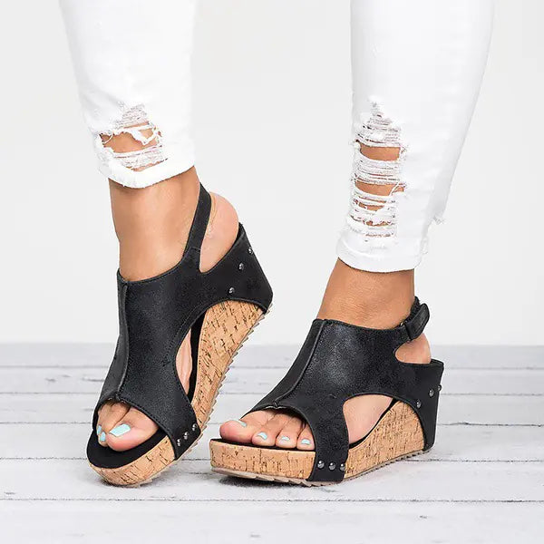 Women Wedge Peep Toe Sandals with Cork Platform and Stud Detail - Image 16