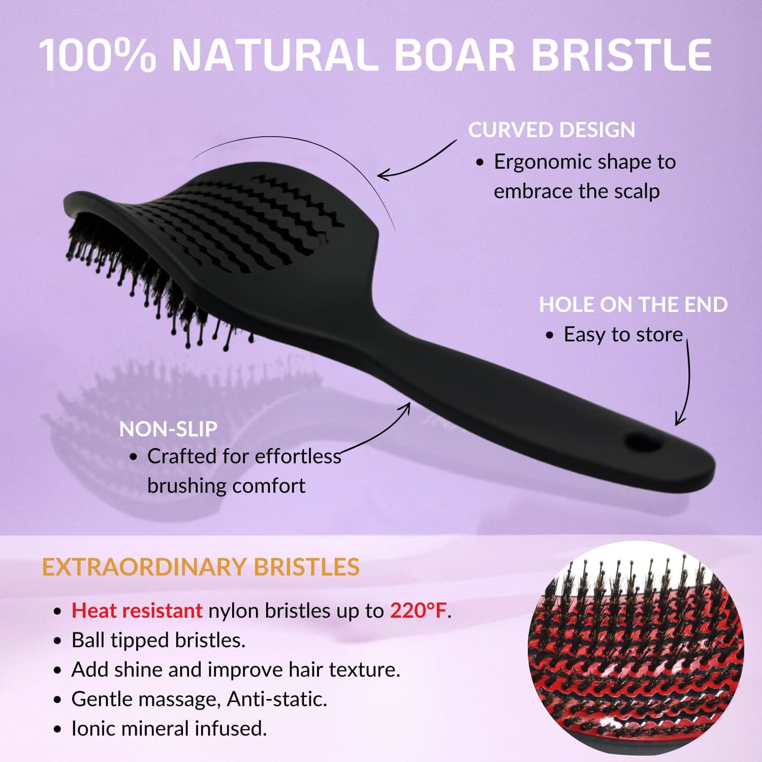 Medium Curved Vented Boar Bristle Detangler Brush in Red