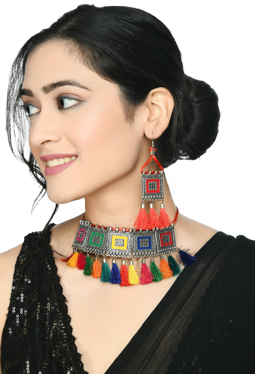 Multi-Color Oxidised Silver-Plated Brass Tassel Choker