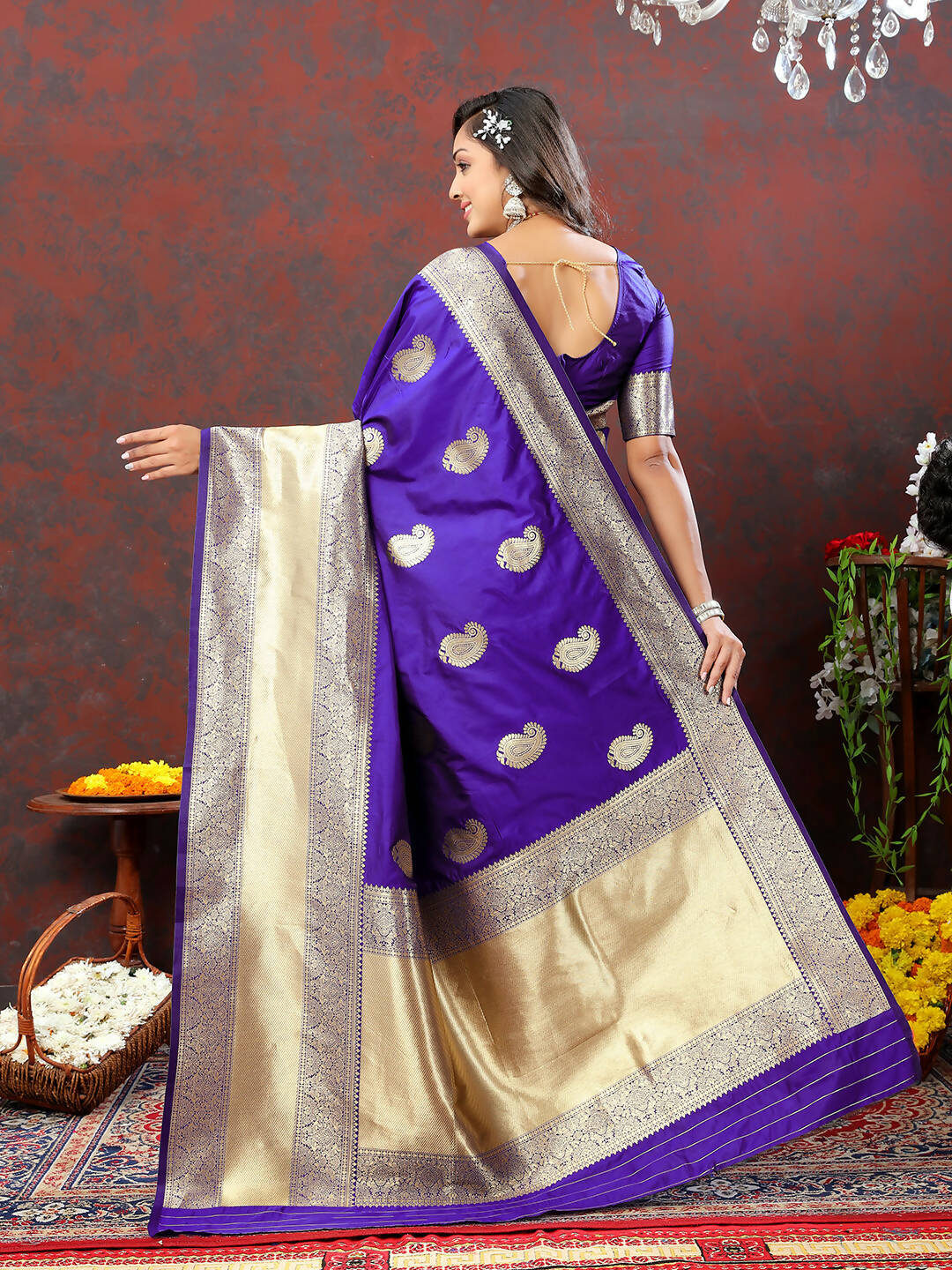 Purple Soft Silk Saree with Gold Zari Weaving Detail
