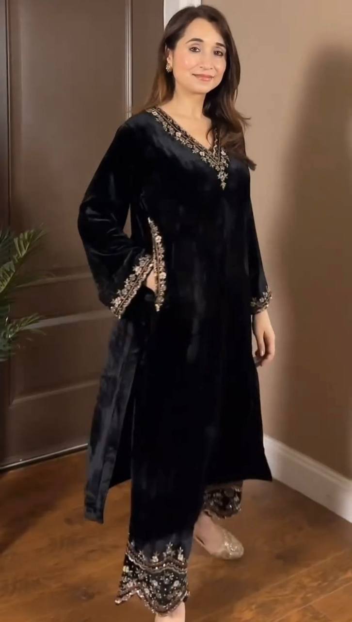 Prazu Fashion Black Viscose Velvet Thread Sequence Salwar Suit