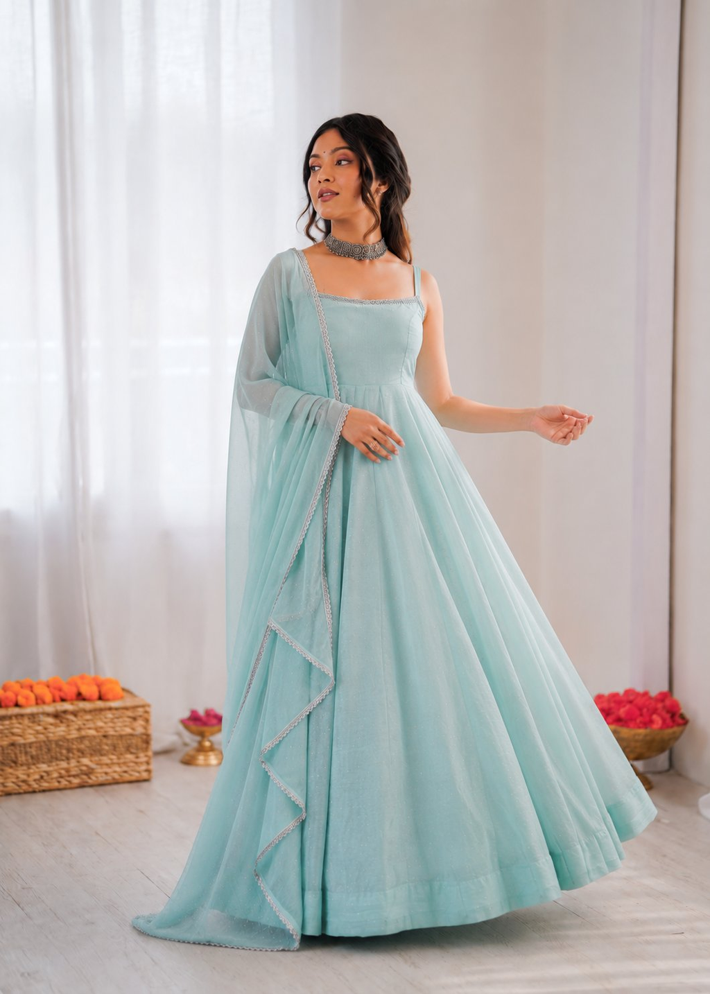 Sky Blue Art Silk Hotfixing Designer Anarkali Suit Set