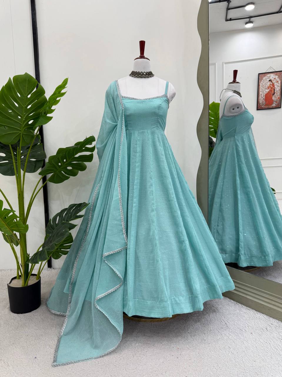 Sky Blue Art Silk Hotfixing Designer Anarkali Suit Set