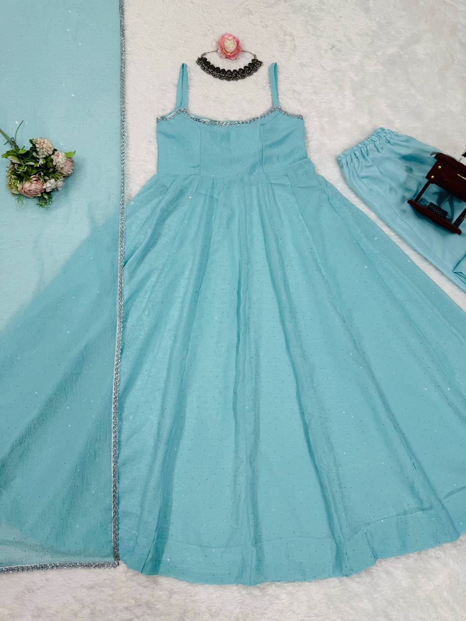 Sky Blue Art Silk Hotfixing Designer Anarkali Suit Set