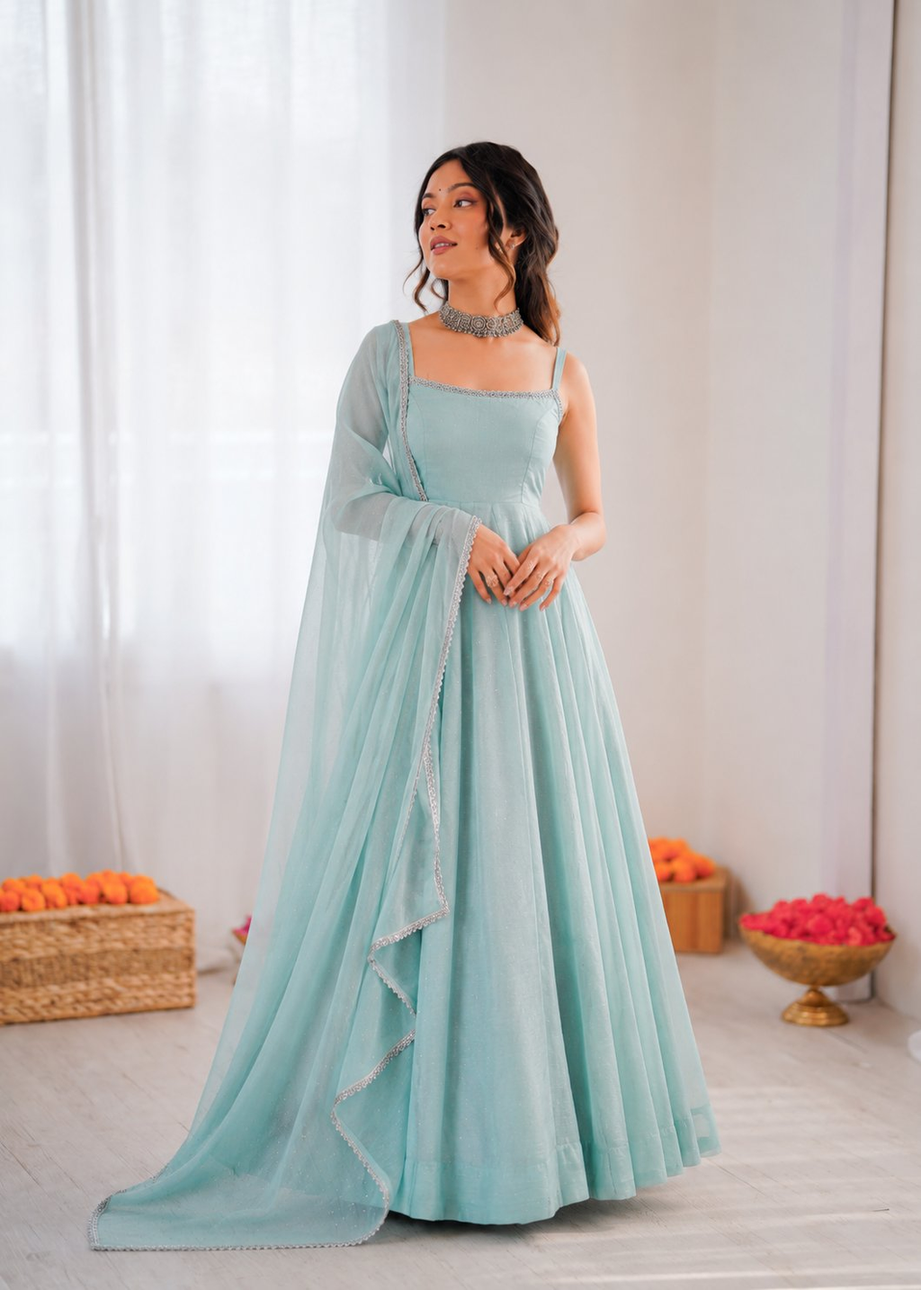 Sky Blue Art Silk Anarkali suit with hotfixing detail and boat neck