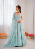 Sky Blue Art Silk Anarkali suit with hotfixing detail and boat neck
