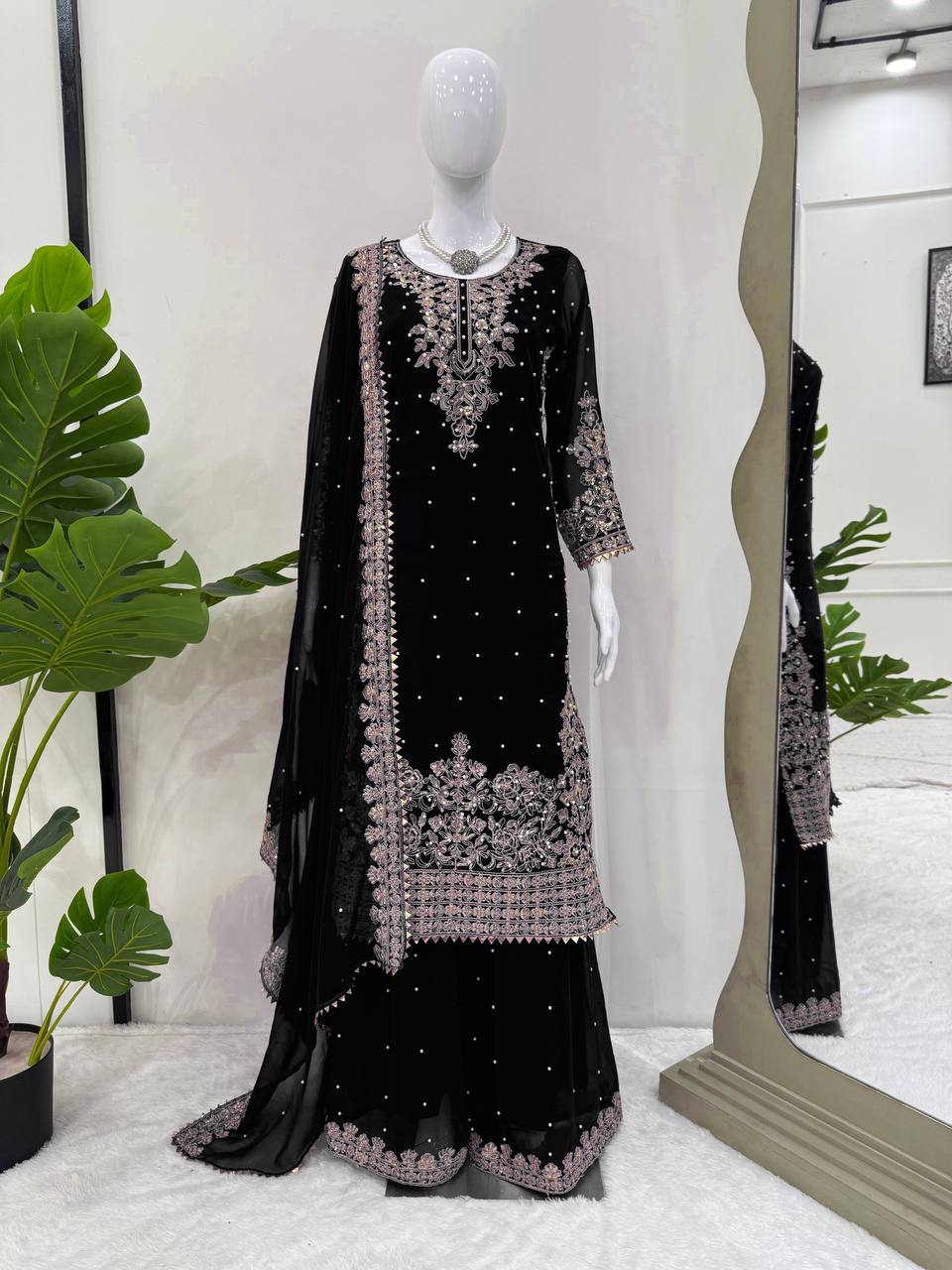 Black Georgette Sequin and Rivet Moti Palazzo Suit Set