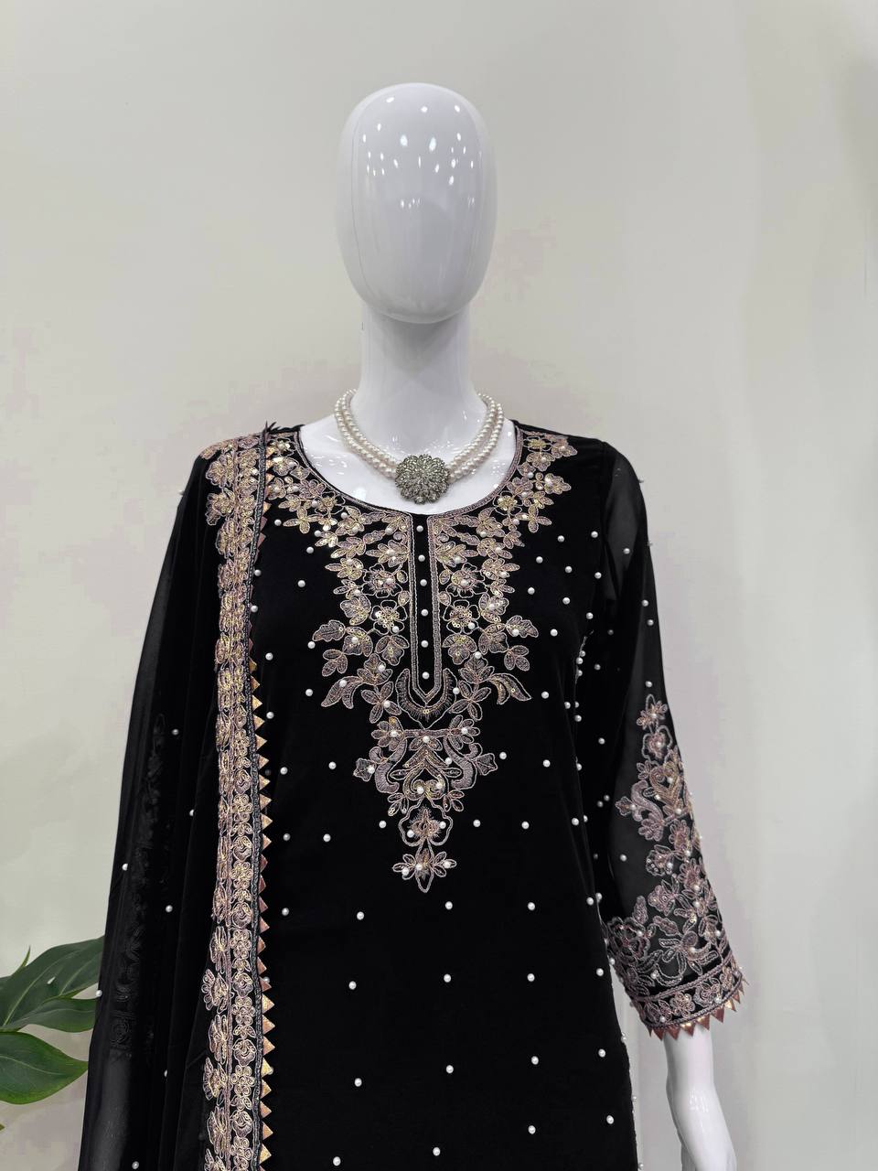 Black Georgette Sequin and Rivet Moti Palazzo Suit Set