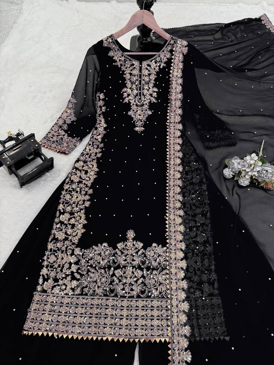 Black Georgette Sequin and Rivet Moti Palazzo Suit Set