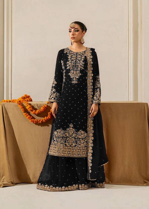 Black faux georgette palazzo suit with sequin and rivet moti embroidery detail