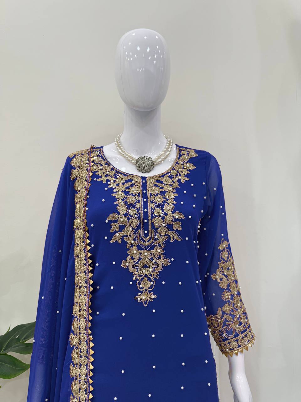 Prazu Fashion Blue Georgette Sequin With Rivet Moti Palazzo Suit