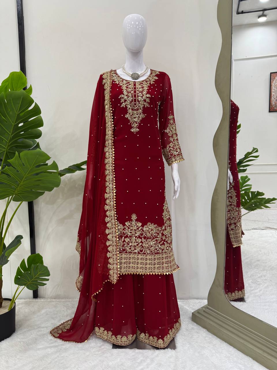 Maroon Georgette Sequin and Rivet Moti Palazzo Suit