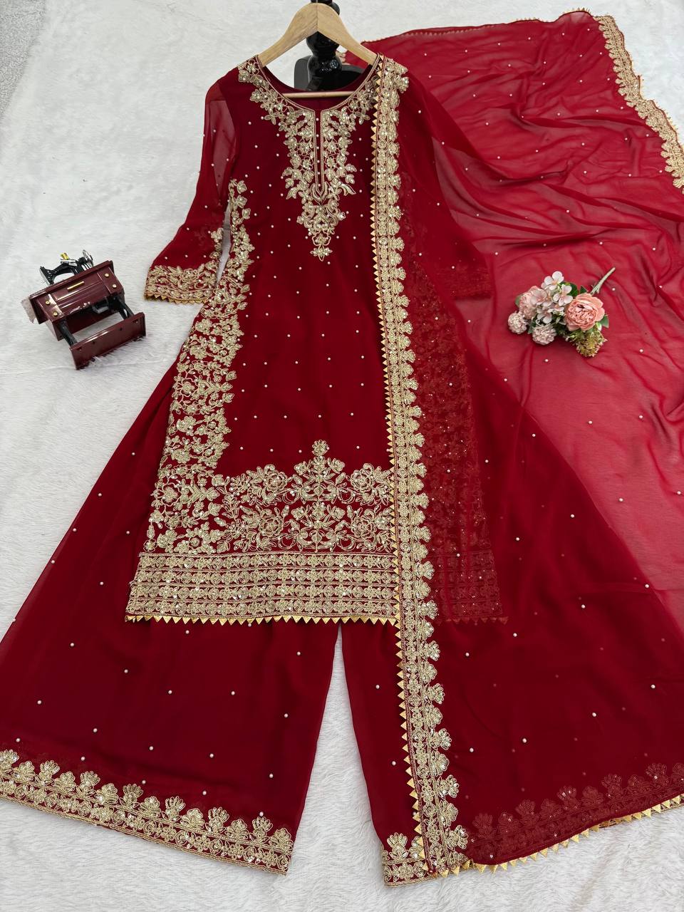 Maroon Georgette Sequin and Rivet Moti Palazzo Suit