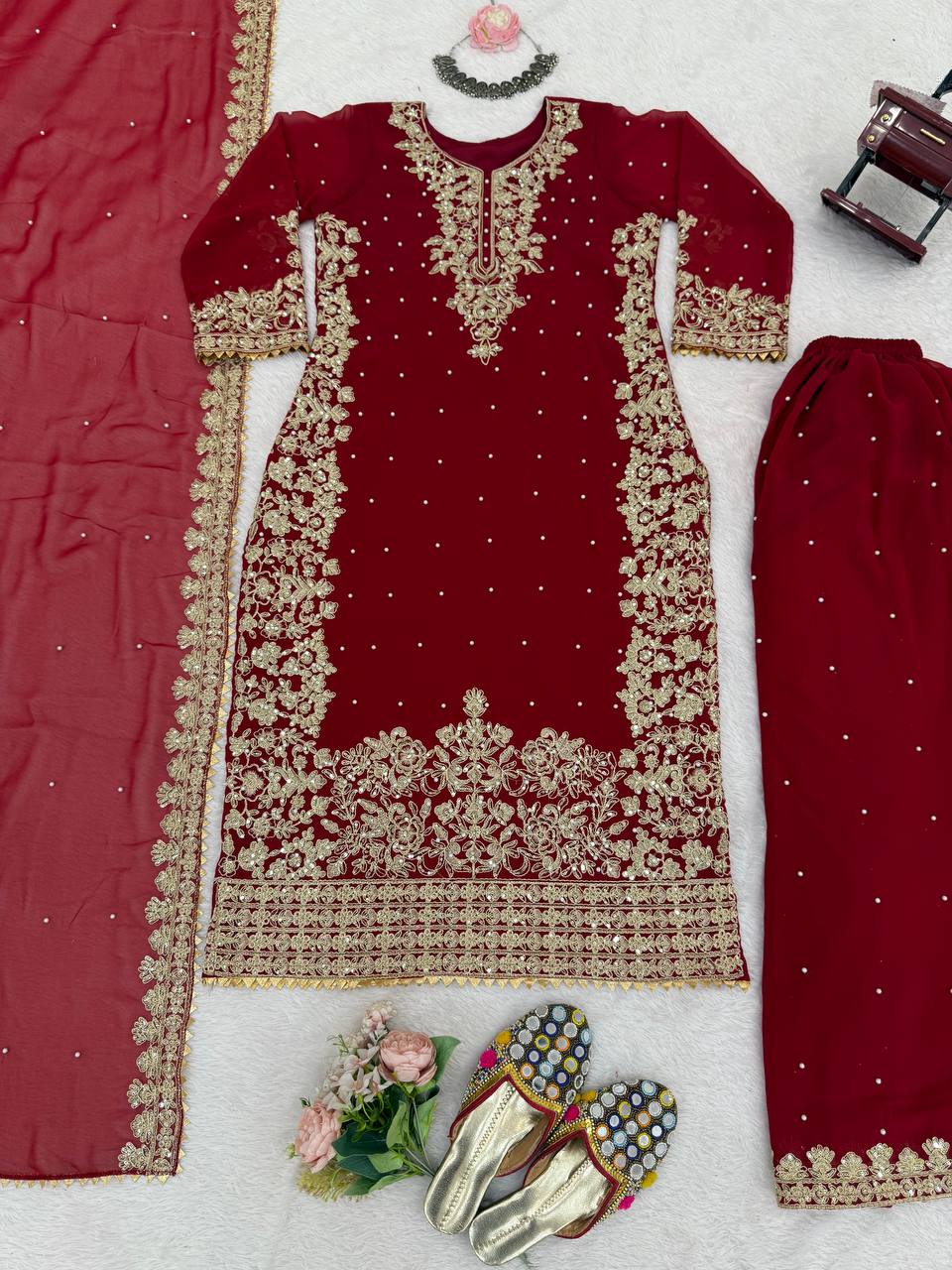 Maroon Georgette Sequin and Rivet Moti Palazzo Suit