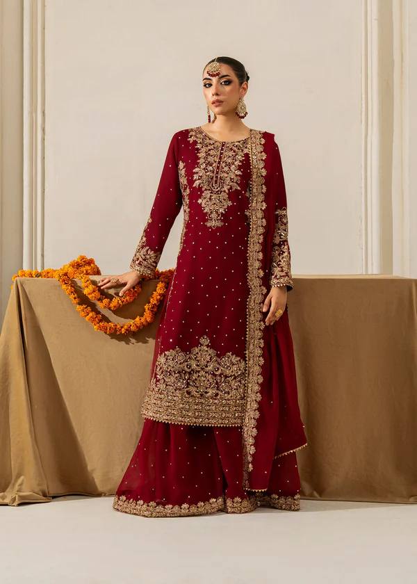 Deep maroon georgette palazzo suit with sequin and rivet moti work