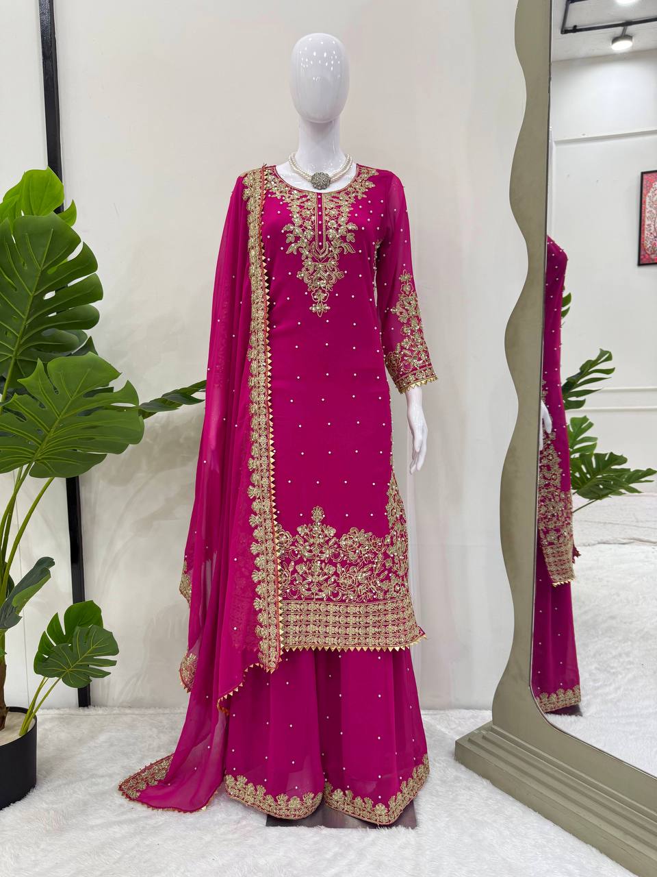 Pink Georgette Sequin and Rivet Moti Palazzo Suit Set