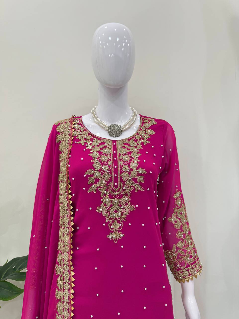 Pink Georgette Sequin and Rivet Moti Palazzo Suit Set