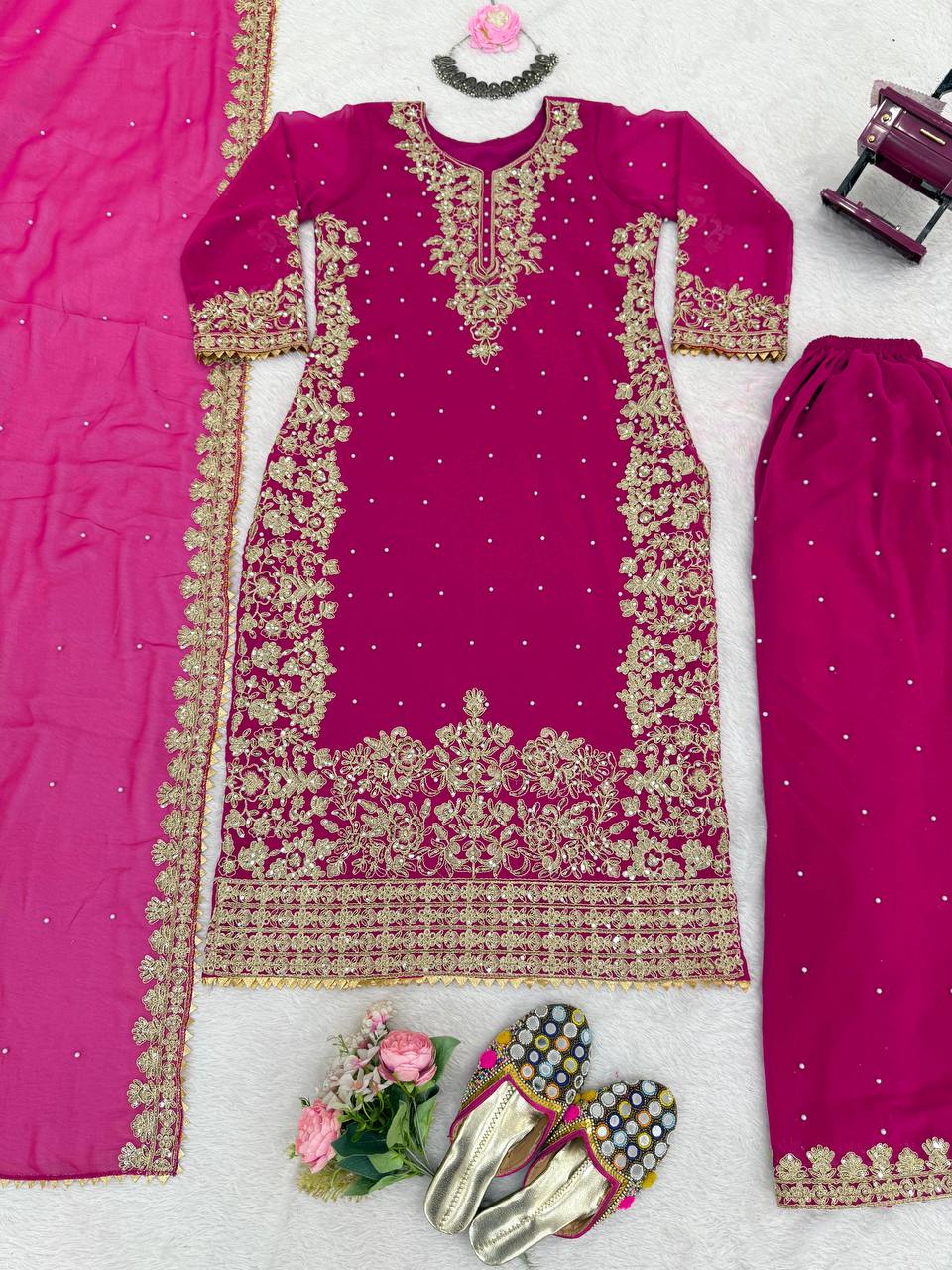 Pink Georgette Sequin and Rivet Moti Palazzo Suit Set