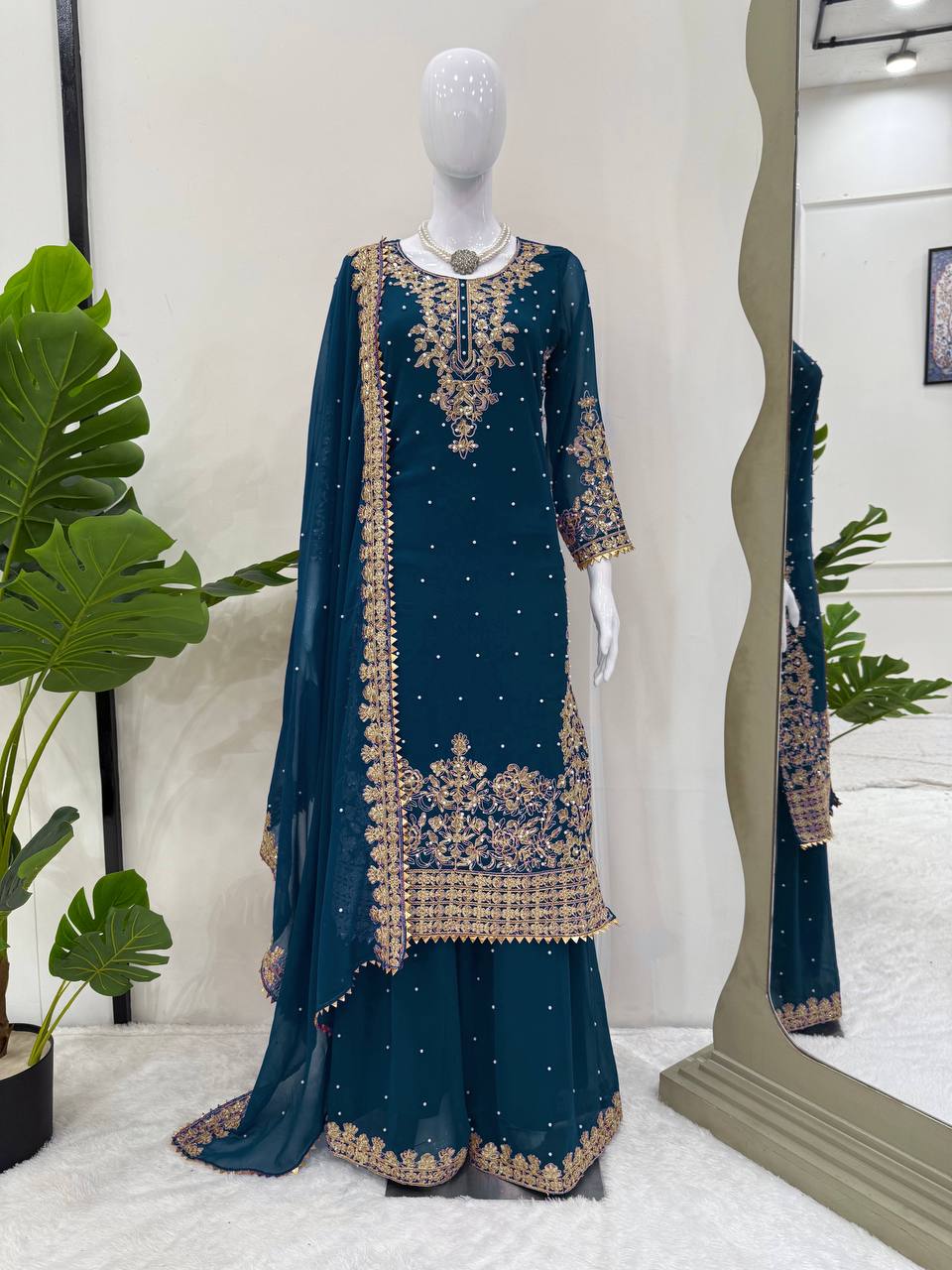 Prazu Fashion Royal Blue Georgette Sequence With Rivet Moti Palazzo Suit
