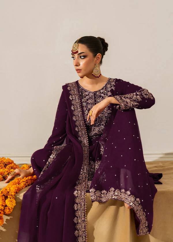 Wine Georgette Palazzo Suit Set with Sequin and Rivet Moti Work