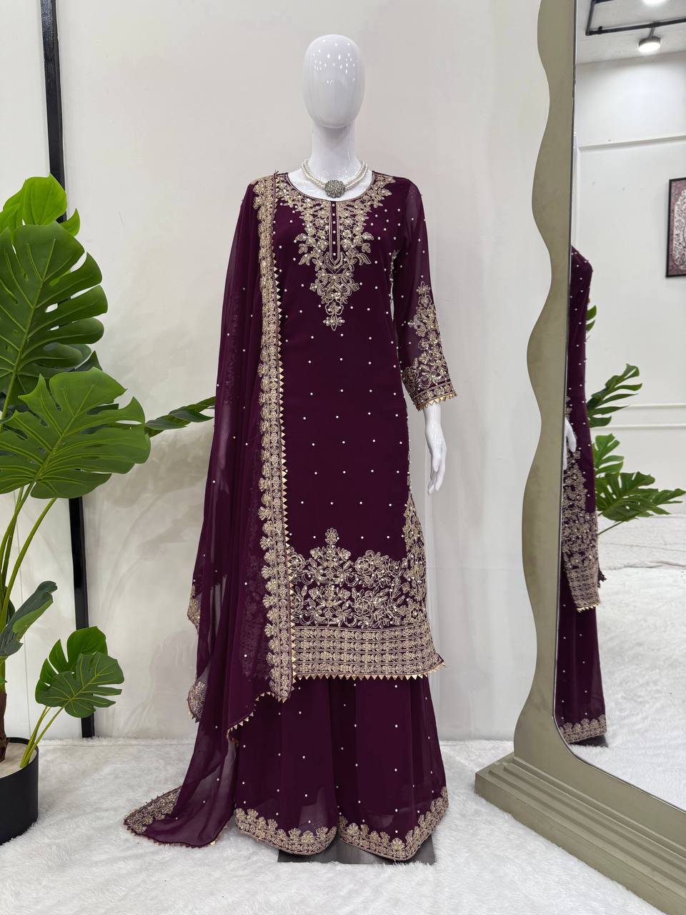 Wine Georgette Palazzo Suit Set with Sequin and Rivet Moti Work